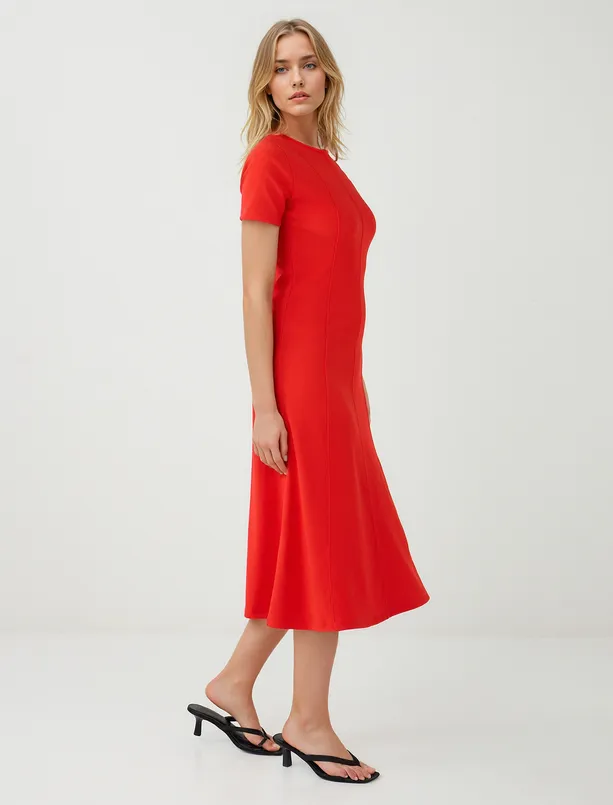 Women Red Short Sleeve Crew Neck Knitted Midi Dress