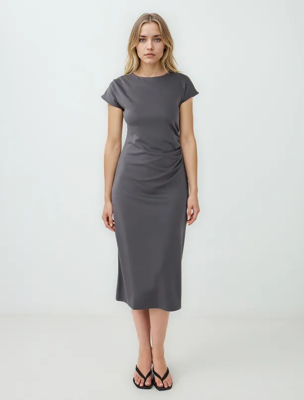Women Anthracite Boat Neck Low Shoulder Modal Midi Dress