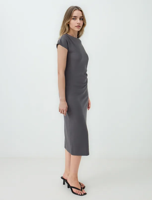 Women Anthracite Boat Neck Low Shoulder Modal Midi Dress