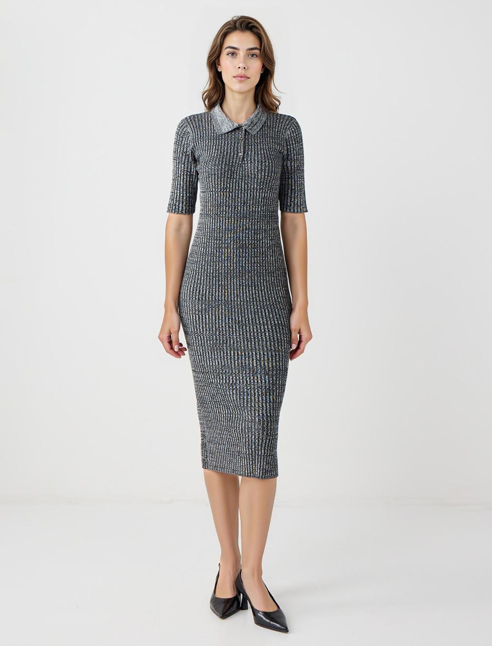 Dar Kesim Gömlek Yaka Dirsek Kol Örme Midi Elbise