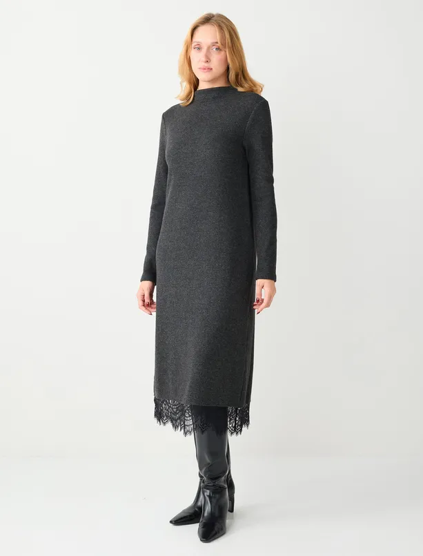 Bayan Antrasit Melanj Bardot Yaka Yumuşak Dokulu Dantelli Midi Elbise