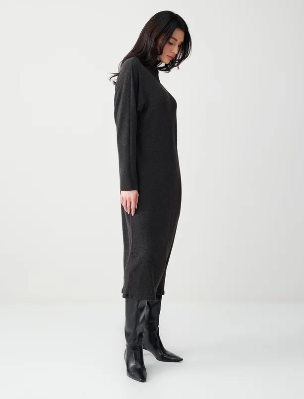 Bayan Antrasit Melanj Dik Yaka Uzun Kollu Yumuşak Dokulu Midi Örme Elbise