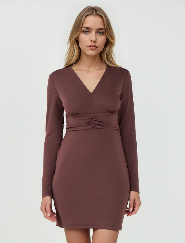 Women Brown V-Neck Long Sleeve Mini Dress with Drawstring Detail on Waist