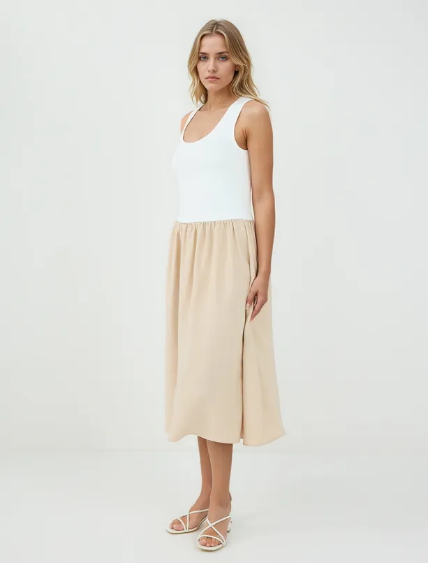 Women Beige U Neck Sleeveless Midi Knitted Dress
