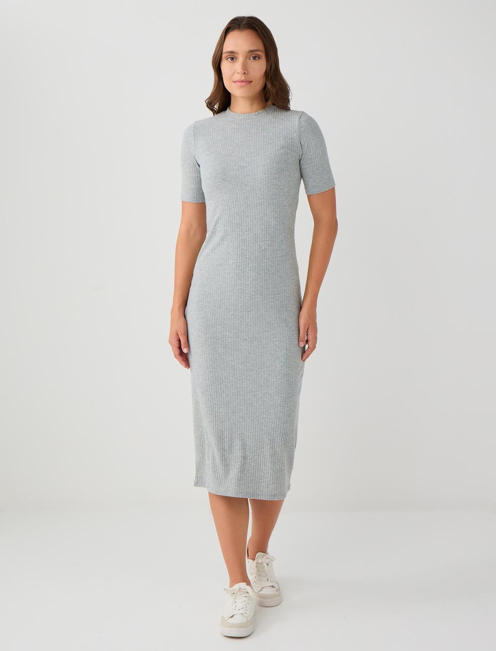 Bisiklet Yaka Kısa Kollu Örme Midi Elbise