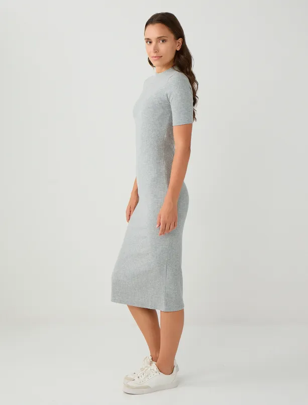 Women Grey Crew Neck Short Sleeve Knitted Midi Dress