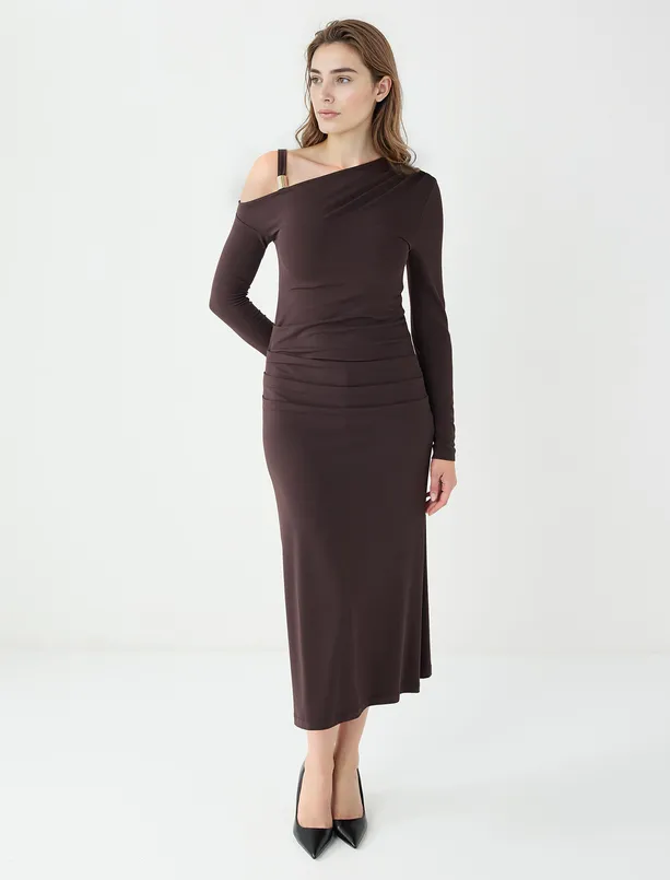 Bayan  Asimetrik Yaka Uzun Kollu Örme Midi Elbise