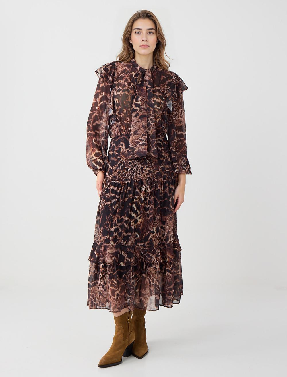 Boyundan Bağlı Uzun Kollu Desenli Şifon Midi Elbise