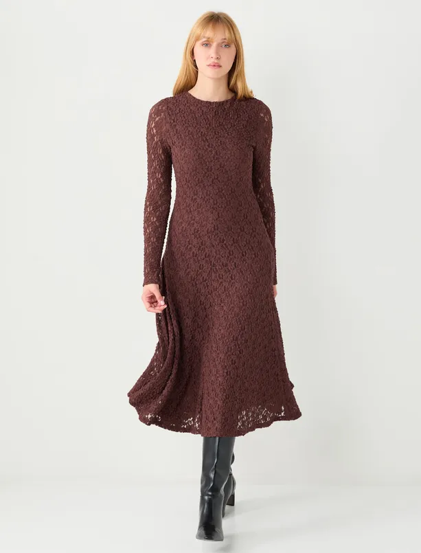 Bayan  Dar Kesim Yuvarlak Yaka Dantelli Uzun Elbise