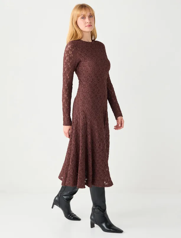 Bayan Kahverengi Dar Kesim Yuvarlak Yaka Dantelli Uzun Elbise