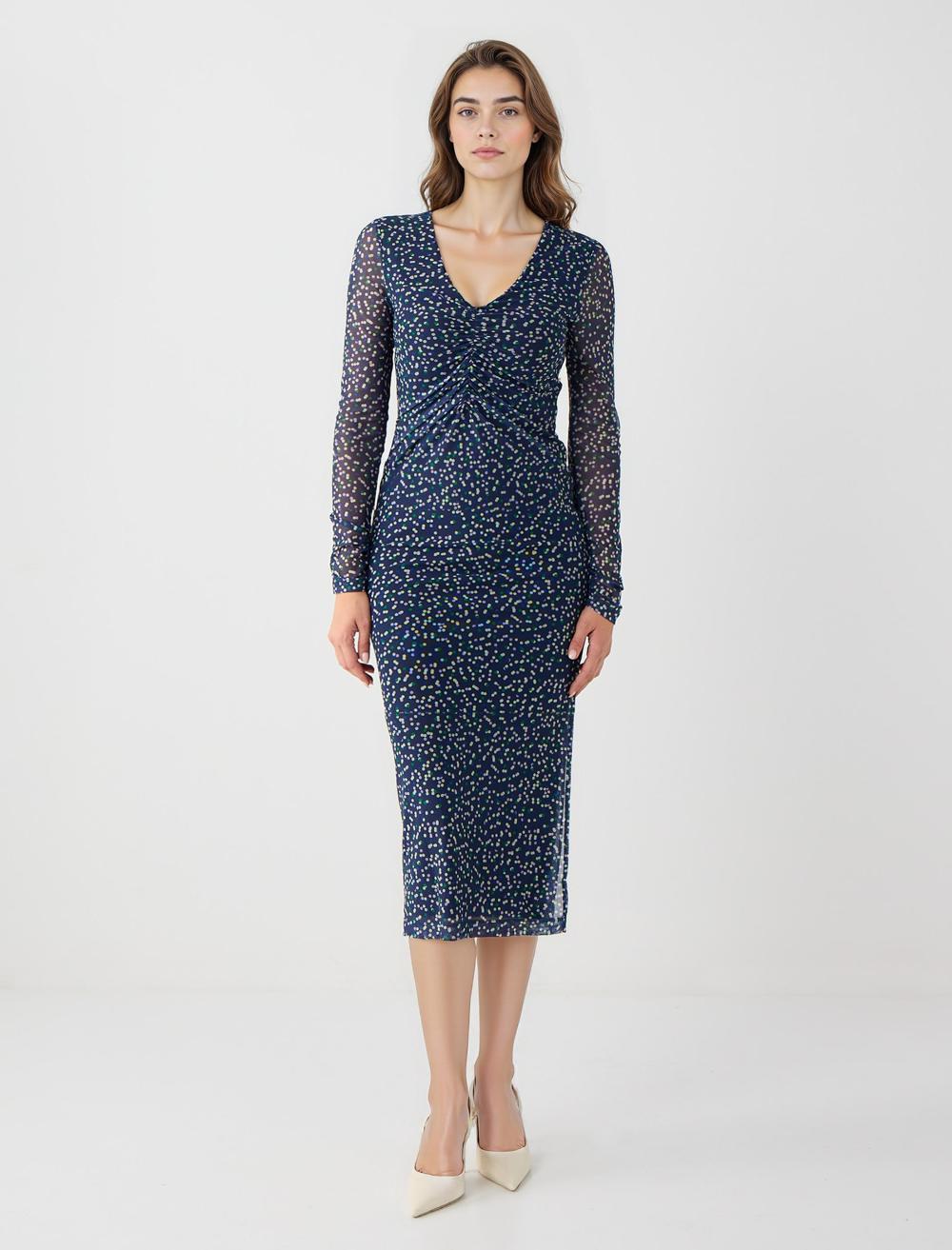 V Yaka Uzun Kollu Puantiyeli Mesh Midi Elbise