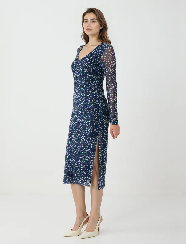 Women Dark Green V Neck Long Sleeve Polka Dot Mesh Midi Dress