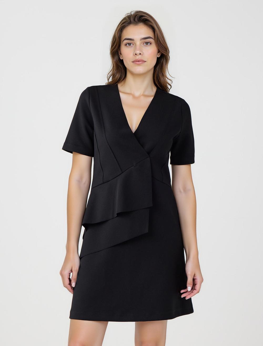 V Yaka Dirsek Kol Örme Mini Elbise