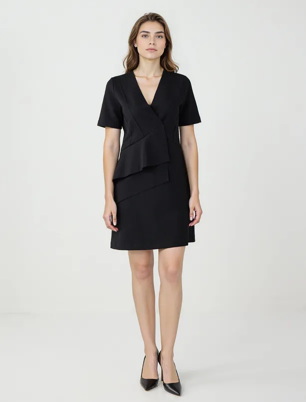 Bayan Siyah V Yaka Dirsek Kol Örme Mini Elbise