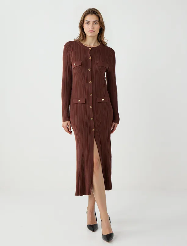 Bayan  Dar Kesim Bisiklet Yaka Midi Triko Elbise