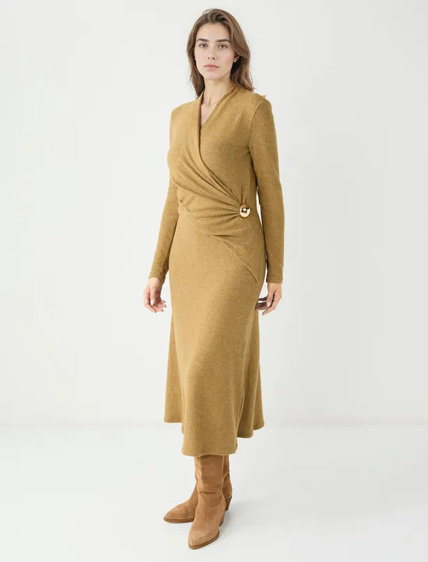 Bayan Yağ Yeşili Kruvaze Yaka Yumuşak Dokulu Örme Midi Elbise