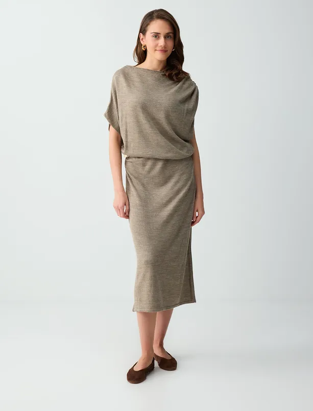 Women  Boat Neck Shirred Low Shoulder Tricot Midi Dress