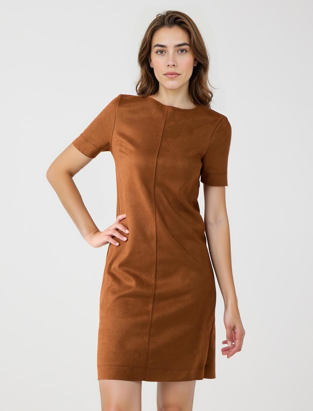 Yuvarlak Yaka Kısa Kollu Süet Örme Elbise