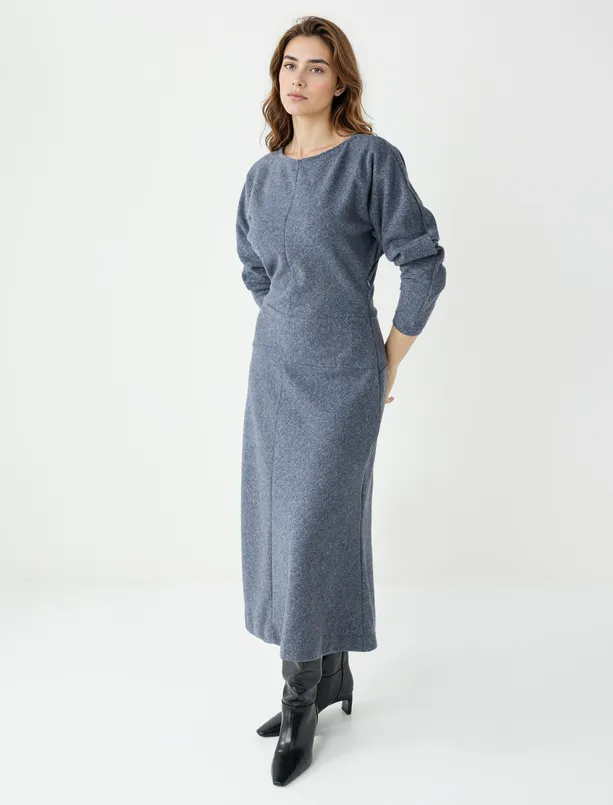 Bayan Antrasit Kayık Yaka Yarasa Kol Yumuşak Dokulu Midi Elbise