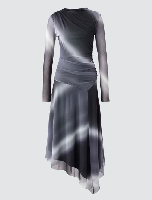 Gray Round Neck Long Sleeve Patterned Mesh Midi Dress