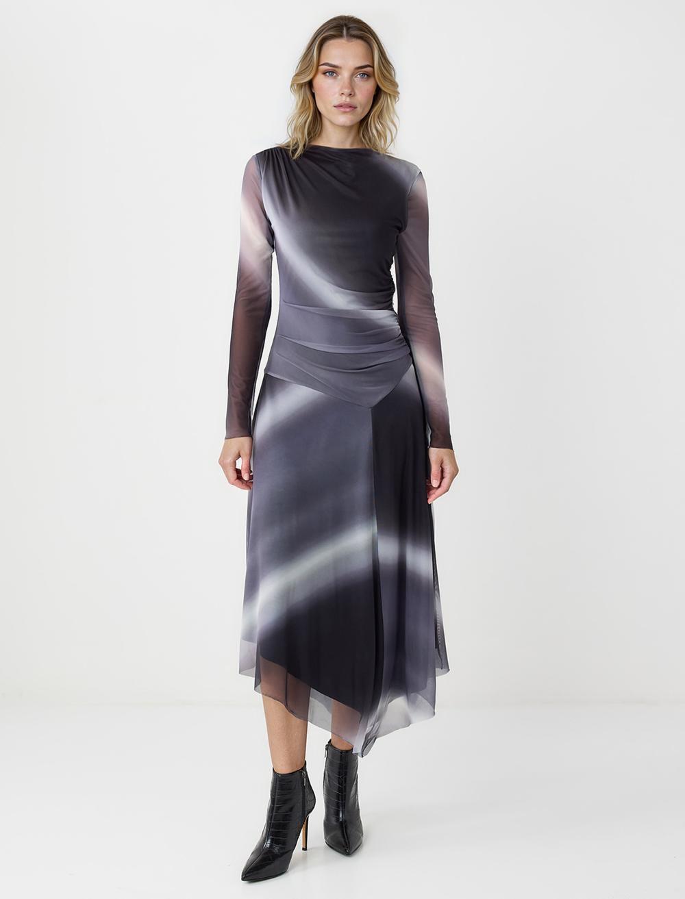 Yuvarlak Yaka Uzun Kollu Desenli Mesh Midi Elbise