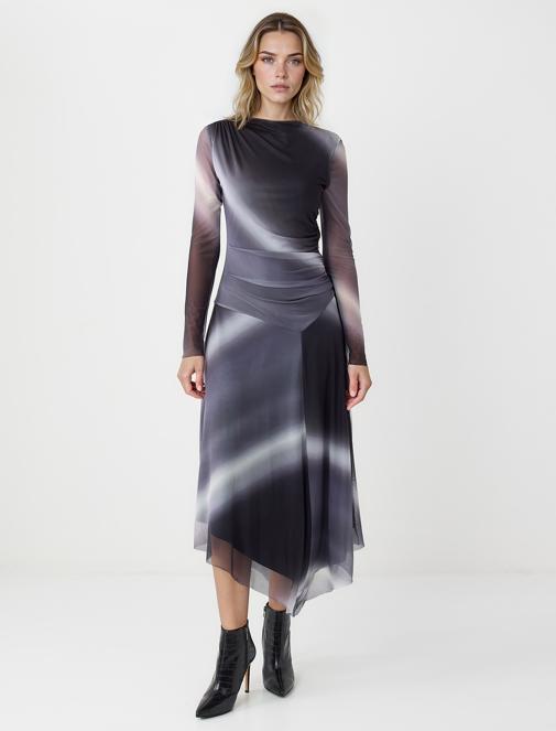 Gray Round Neck Long Sleeve Patterned Mesh Midi Dress