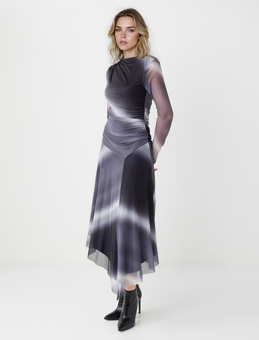 Gray Round Neck Long Sleeve Patterned Mesh Midi Dress