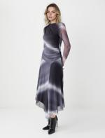 Gray Round Neck Long Sleeve Patterned Mesh Midi Dress