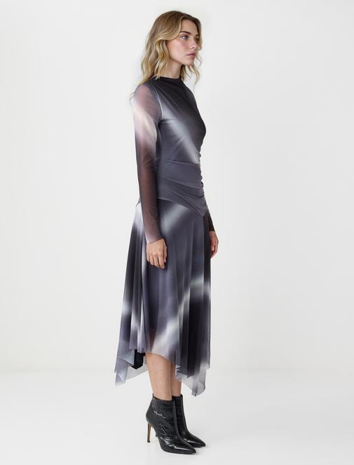 Gray Round Neck Long Sleeve Patterned Mesh Midi Dress