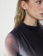 Gray Round Neck Long Sleeve Patterned Mesh Midi Dress