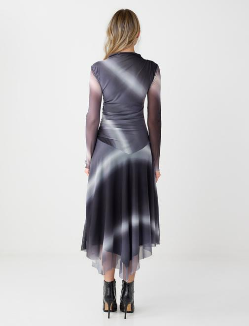 Gray Round Neck Long Sleeve Patterned Mesh Midi Dress