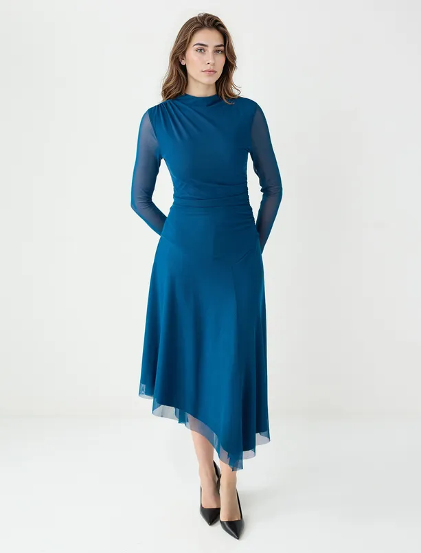 Bayan  Uzun Kollu Sıfır Yaka Mesh Örme Uzun Elbise