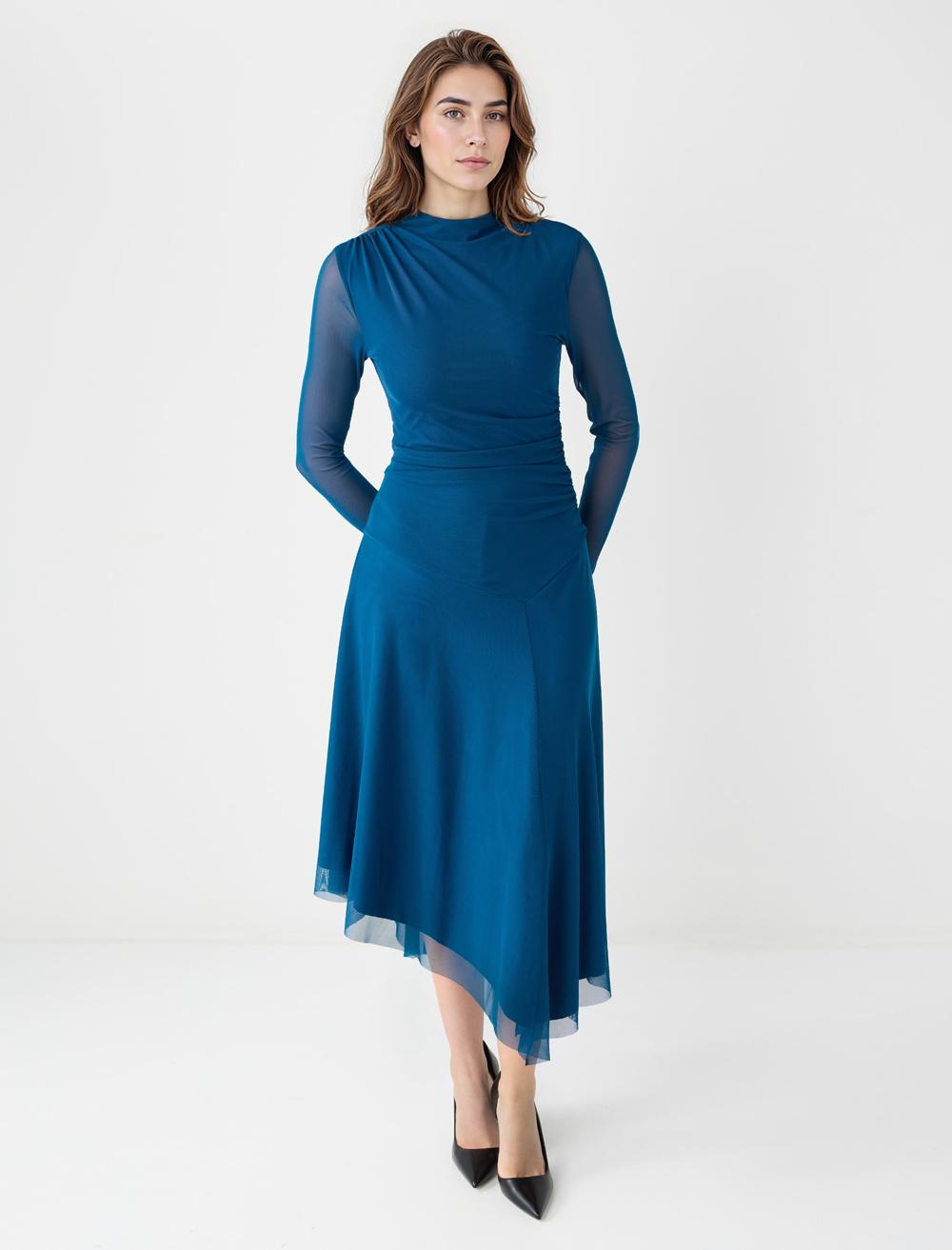 Uzun Kollu Sıfır Yaka Mesh Örme Uzun Elbise