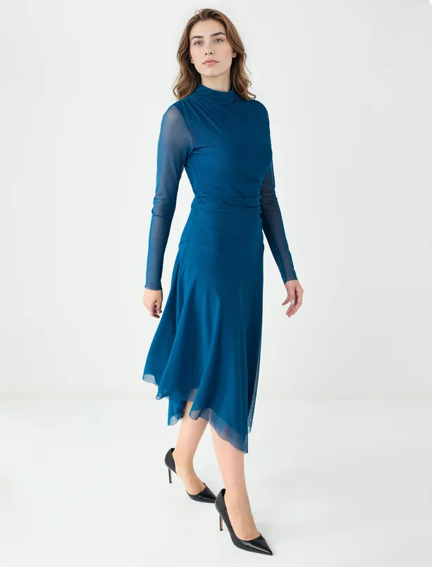 Bayan Koyu Yeşil Uzun Kollu Sıfır Yaka Mesh Örme Uzun Elbise