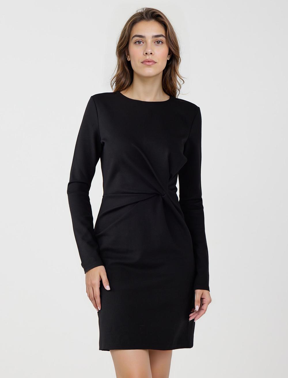 Yuvarlak Yaka Büzgü Detaylı Örme Mini Elbise