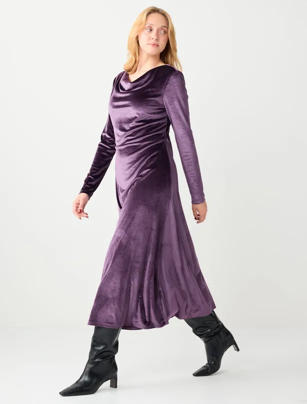 Bayan Mor Dökümlü Yaka Uzun Kollu Örme Kadife Uzun Elbise