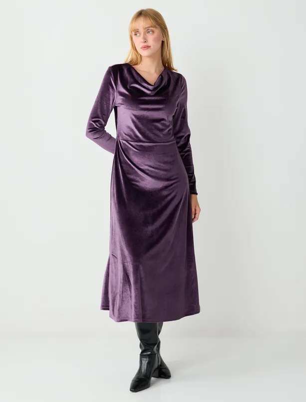 Bayan Mor Dökümlü Yaka Uzun Kollu Örme Kadife Uzun Elbise