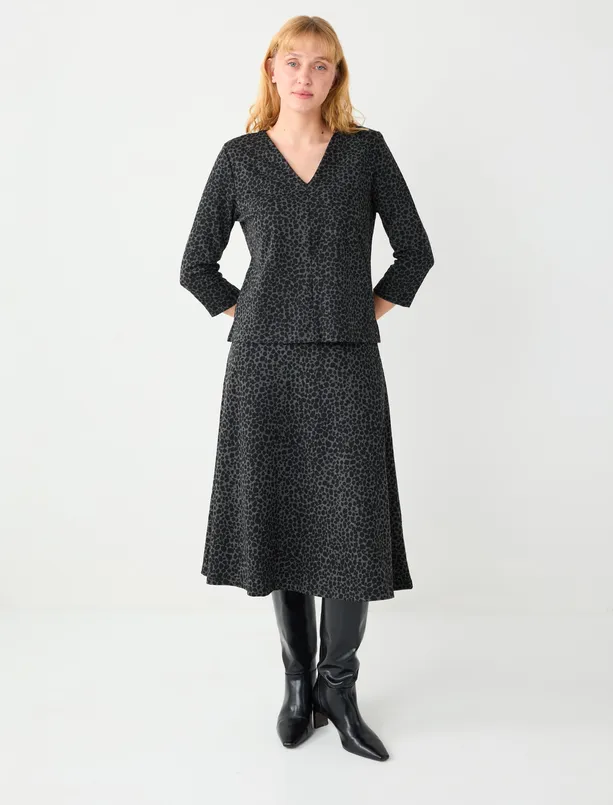 Bayan  Rahat Kesim Yüksek Bel Leopar Desenli Midi Etek