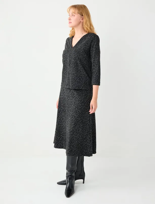 Bayan Siyah Rahat Kesim Yüksek Bel Leopar Desenli Midi Etek