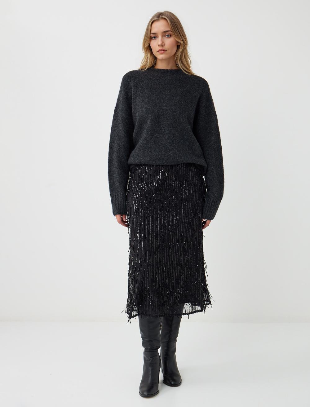 Payetli Yüksek Bel Mesh Örme Midi Etek