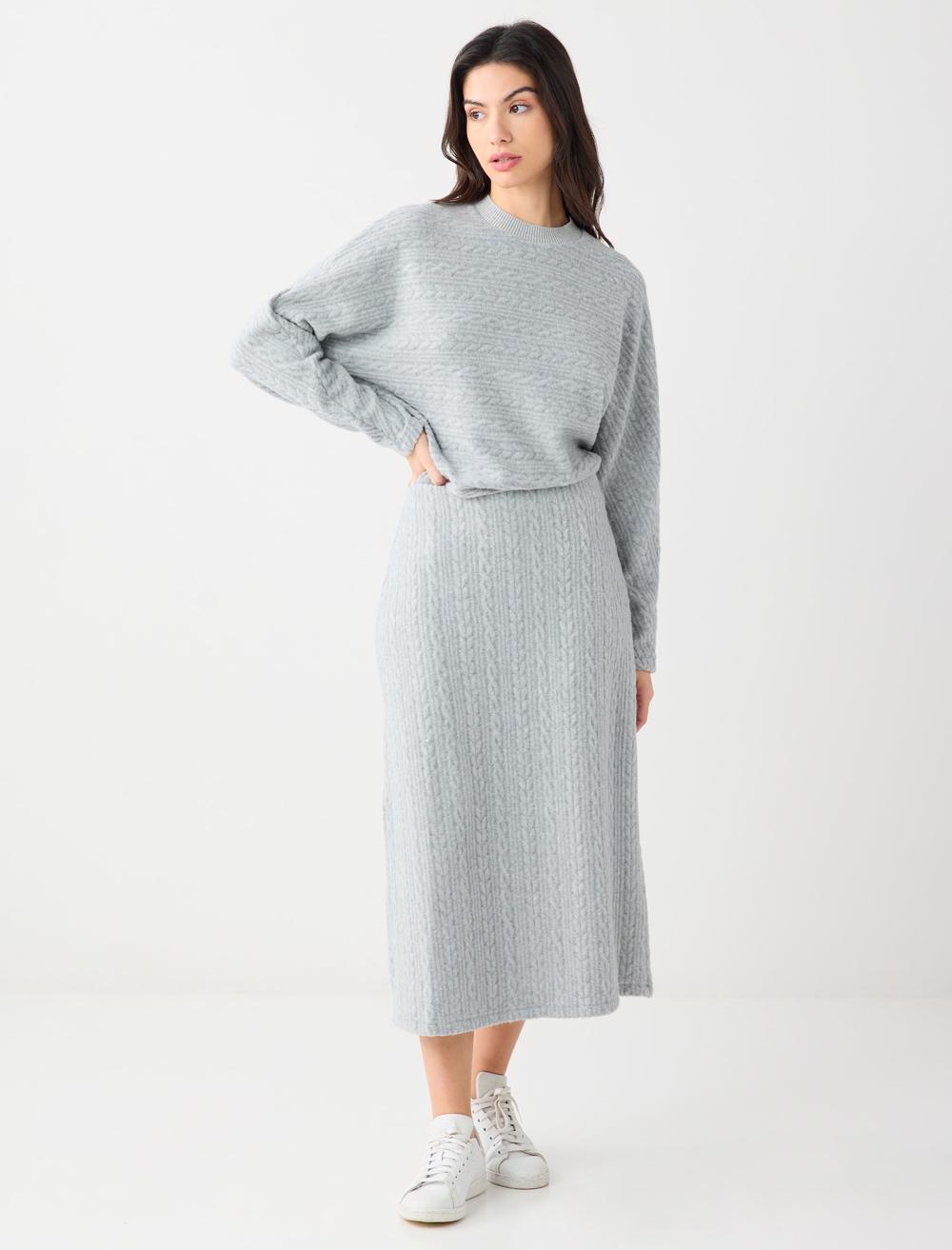 Normal Bel Saç Örgü Desenli Yumuşak Dokulu Midi Etek