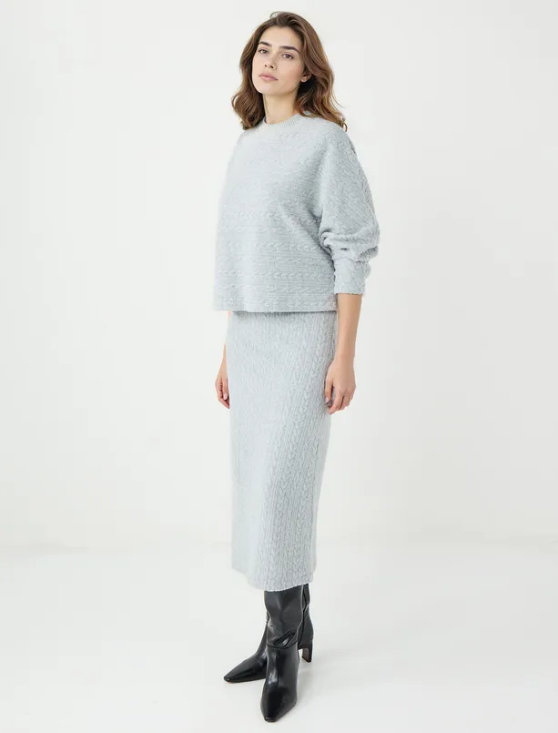 Women Grey Regular Waist Relaxed Fit Hair Braid Patterned Knitted Skirt