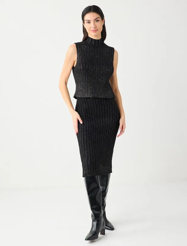 Bayan Siyah Normal Bel Pamuklu Midi Triko Etek