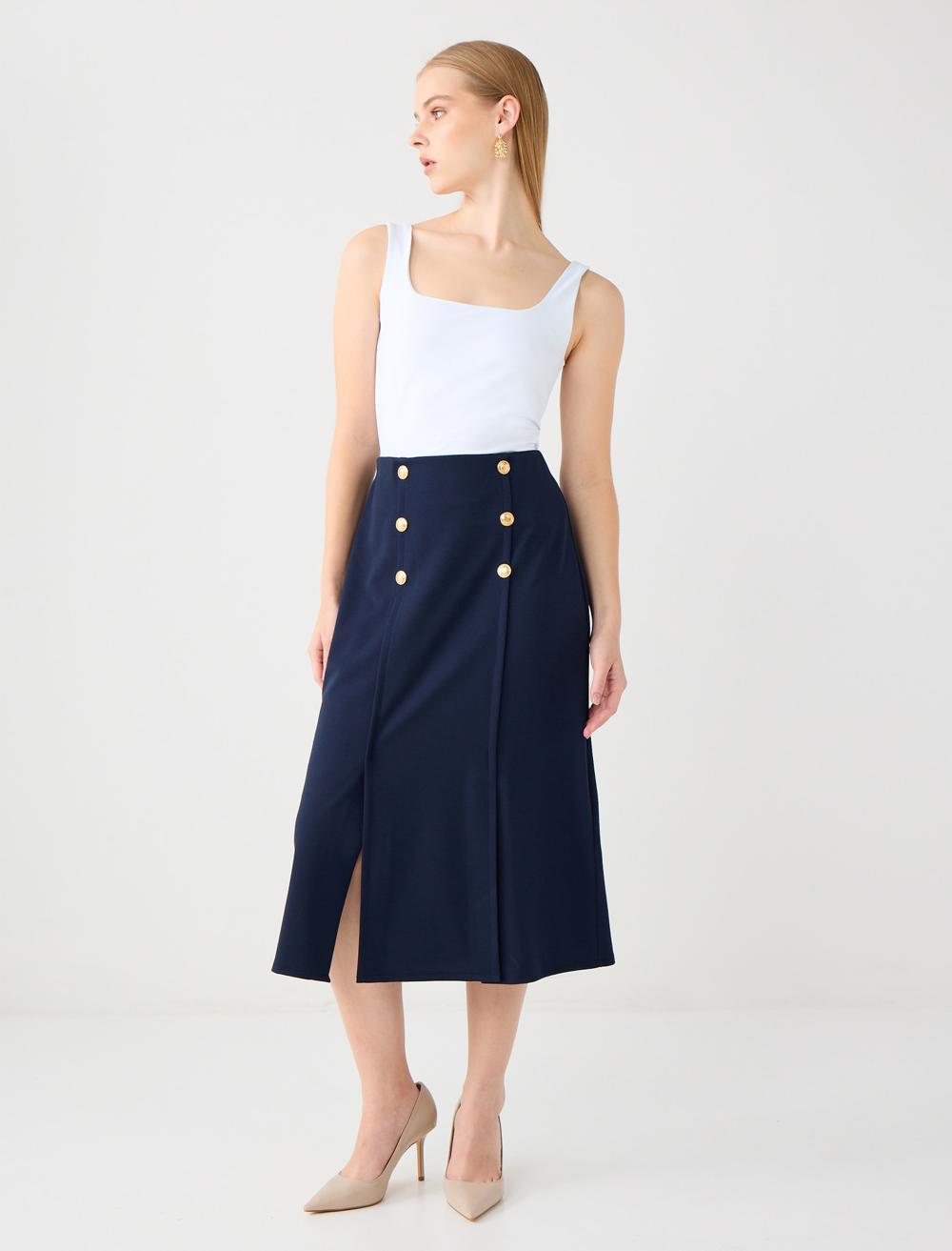 Düz Kesim Düğme Detaylı Örme Midi Etek