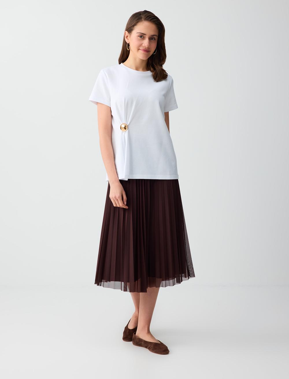 Yüksek Bel Piliseli Rahat Kesim Midi Etek