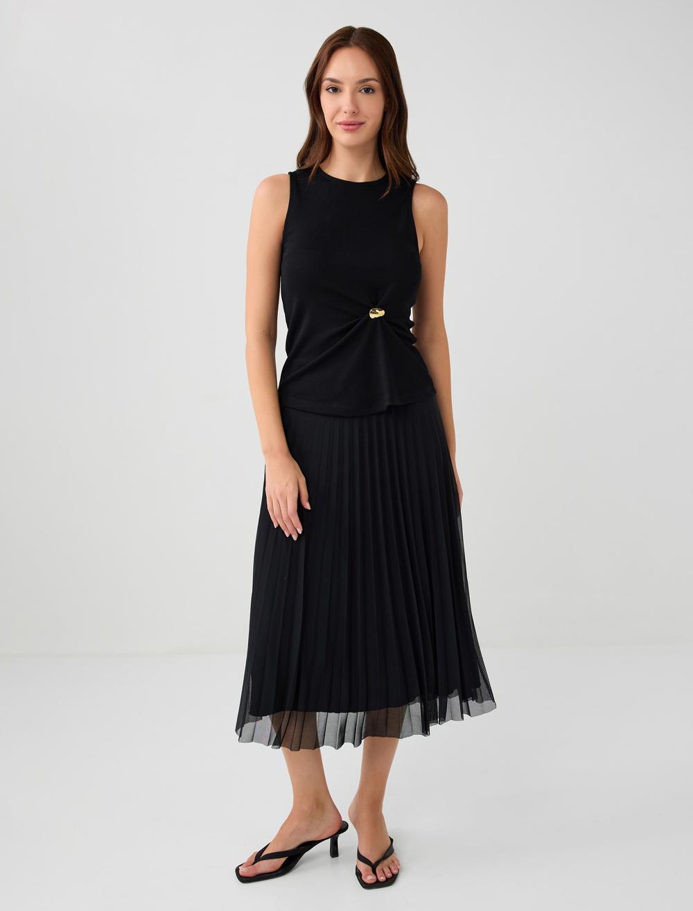 Yüksek Bel Piliseli Rahat Kesim Midi Etek