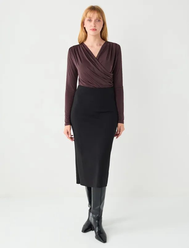 Bayan  Normal Bel Düz Kesim Örme Midi Etek