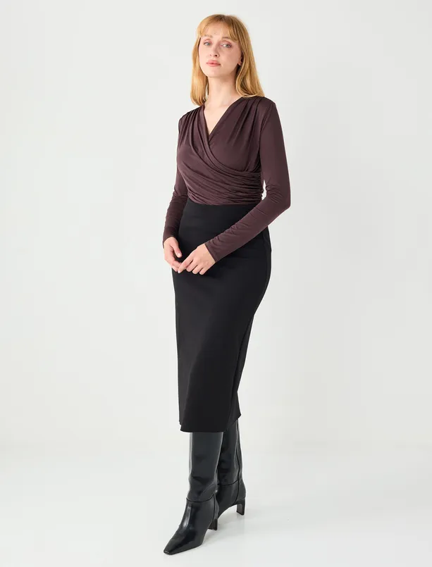 Bayan Siyah Normal Bel Düz Kesim Örme Midi Etek