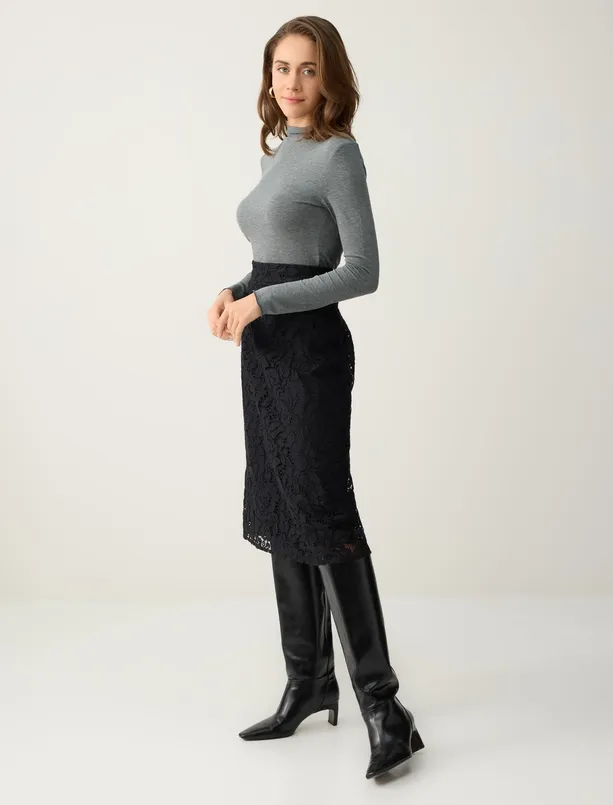 Bayan Siyah Normal Bel Dantel Detaylı Dokuma Midi Etek