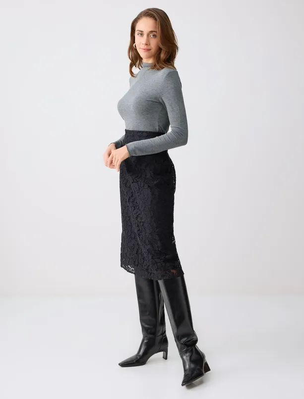 Bayan Siyah Normal Bel Dantel Detaylı Dokuma Midi Etek